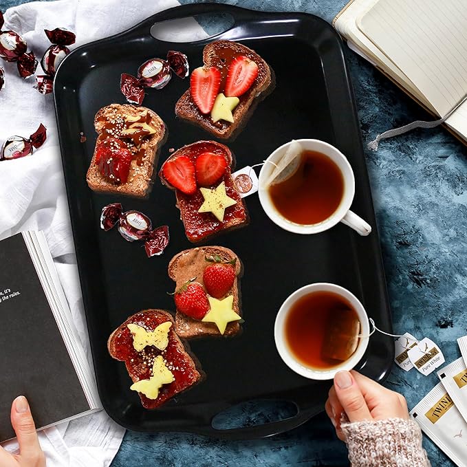 17.5 x 12’’ Large Melamine Serving Tray with Handles, Set of 2 Rectangular Melamine Serving Platters, Dishwasher Safe Trays for Eating, Appetizer, Charcuterie, Snack, Fruits, Desserts, Black