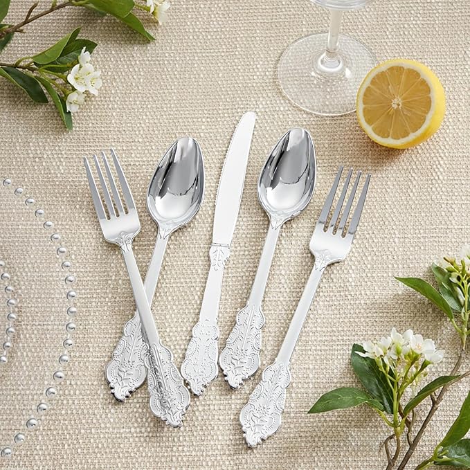 Supernal 360pcs Plastic Silverware, Silver Disposable Cutlery, Silver Plastic Silverware Include 120 Forks, 120 Spoons, 120 Knives, Disposable Utensils Perfect for Birthday, Party, Wedding