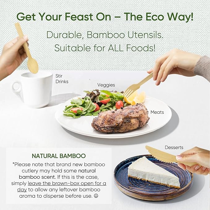 Premium Pre-Rolled Napkin and Bamboo Cutlery Set (50 Pack, 200 PCS) 100% Biodegradable, Eco-Friendly, Disposable Wrapped Cutlery - Includes Pre-Wrapped Bamboo Forks, Knives, Spoons, & Napkins