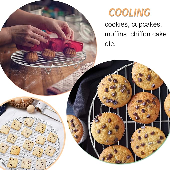 P&P CHEF Round Cooking Rack, 3 Pcs Stainless Steel Baking Cooling Steaming Grilling Rack, Fits Air Fryer/Stockpot/Pressure Cooker/Round Cake Pan, Oven & Dishwasher Safe (9 Inch)
