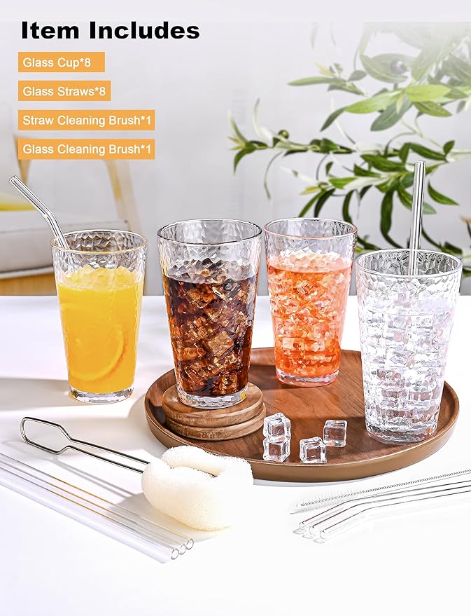 Drinking Glasses Set of 8,16oz Clear Highball Water Glasses,Stackable Lead-Free Hammered Glass Cups,Kitchen Drinkware Glassware for Cocktail,Beer,Juice,Iced Tea,Margaritas and Mixed Drinks