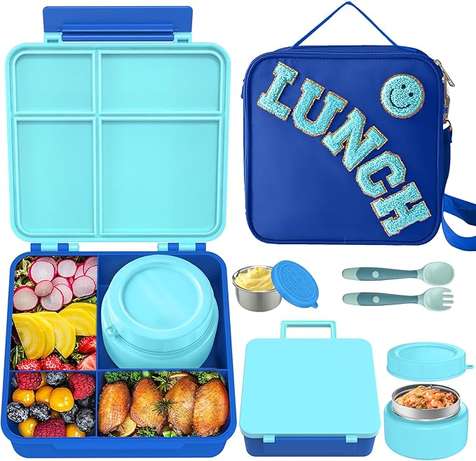 Kids Bento Lunch Box with 8oz Soup Thermo, Kids Leakproof Lunch Food Containers with 4 Compartment,Insulated Hot Food Jar with Lunch Bag for School, Travel (Blue)
