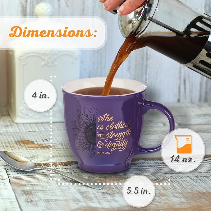Christian Art Gifts Purple Sunflower Ceramic Coffee Mug – 14 oz. Lead and Cadmium-free Inspirational Scripture Coffee and Tea Mug for Women with Bible Verse: Strength & Dignity – Proverbs 31:25