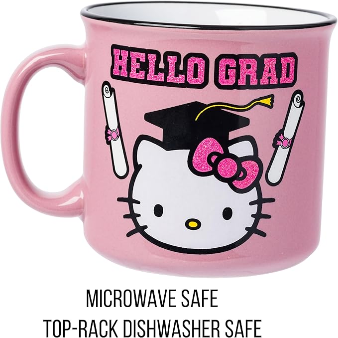 Silver Buffalo Sanrio Hello Kitty "Hello Grad" Graduation Glitter Ceramic Camper Mug, 20 Ounces