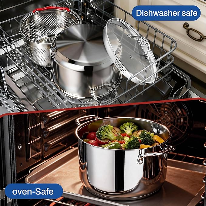 AOSION 6 Quart Stainless Steel Stock Pot with Deep Fryer Basket, 6QT Large Stockpot with Glass Strainer Lid,Ollas De Cocina for Spaghetti, Pasta Pot with Strainer,Compatible with All Cooktops.