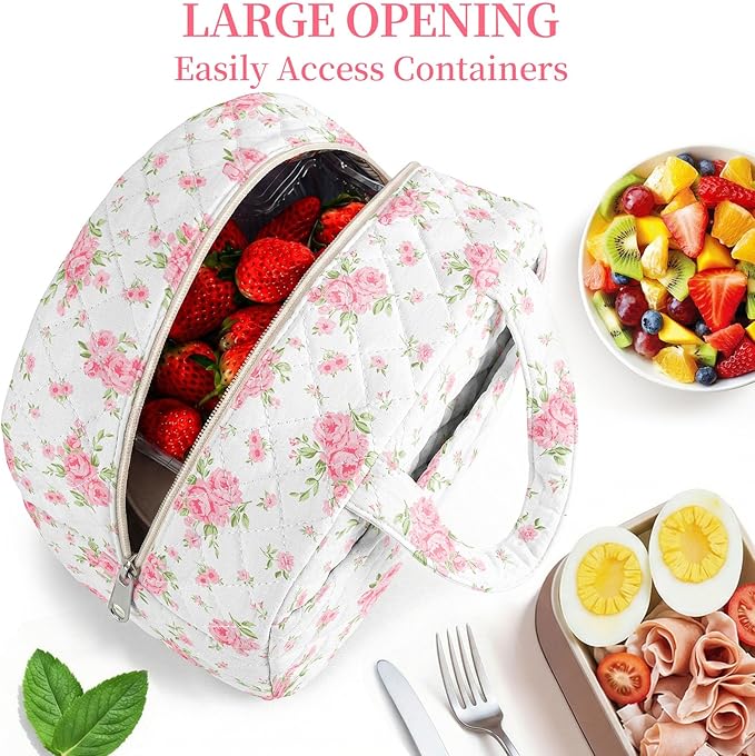 Quilted Lunch Box for Women,Coquette Aesthetic Lunch Box for Teen Girls,Cute Floral Lunch Bags for Work, School,Office,Picnic,Travel (Big Pink Floral)
