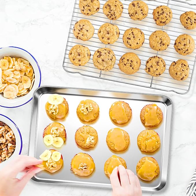 P&P CHEF 17.5 Inch Baking Sheet Pan with Rack Set, Stainless Steel Cookie Sheet Pan Tray with Cooling Rack for Oven Use, Cooking Roasting, Non Toxic & Dishwasher Safe, Heavy Duty