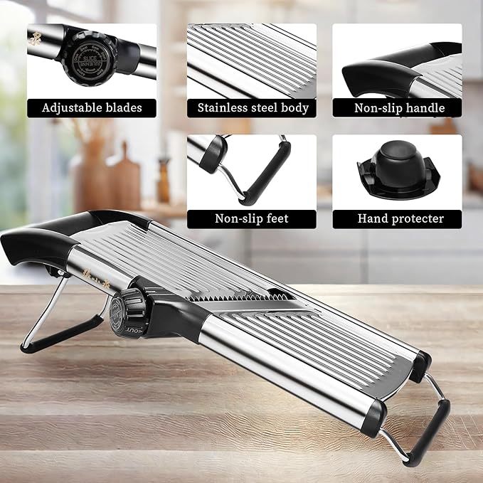 Adjustable Mandoline Slicer for Kitchen - Stainless Steel Vegetable Slicer Julienne Cutter with Ultra Sharp Blades 5-in-1 Vegetable Shredder for Onion, Potato Chip, French Fry