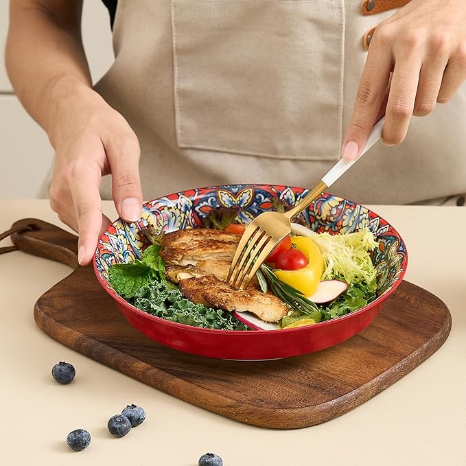 Ceramic Pasta Bowls Set of 6-8 inch 32 oz Serving Bowls, Colorful Dinner Bowls for Soup,Salad, and Pasta, Kitchen, Microwave, Dishwasher Safe, mexican, Bohemian Style