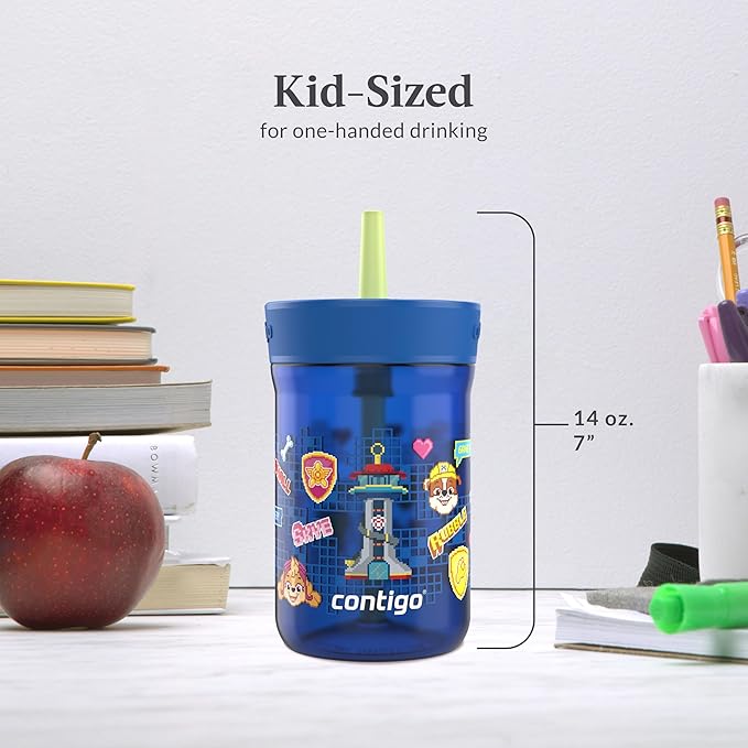 Contigo Leighton Kids Paw Patrol Plastic Water Bottle, Spill-Proof Tumblers with Straw, Dishwasher Safe, 14oz, Power Pups, Blue