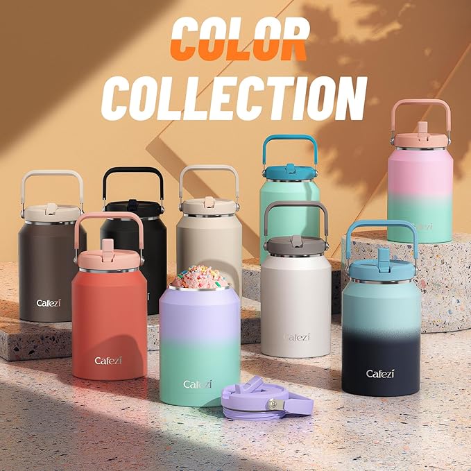 Half Gallon Insulated Water Bottle with Flip Straw, Vacuum Insulated Stainless Steel Jug with Top Handle, Leak-Proof Lid, Sweat-Free, Wide Mouth, Keeps Ice Cold up to 34 Hours