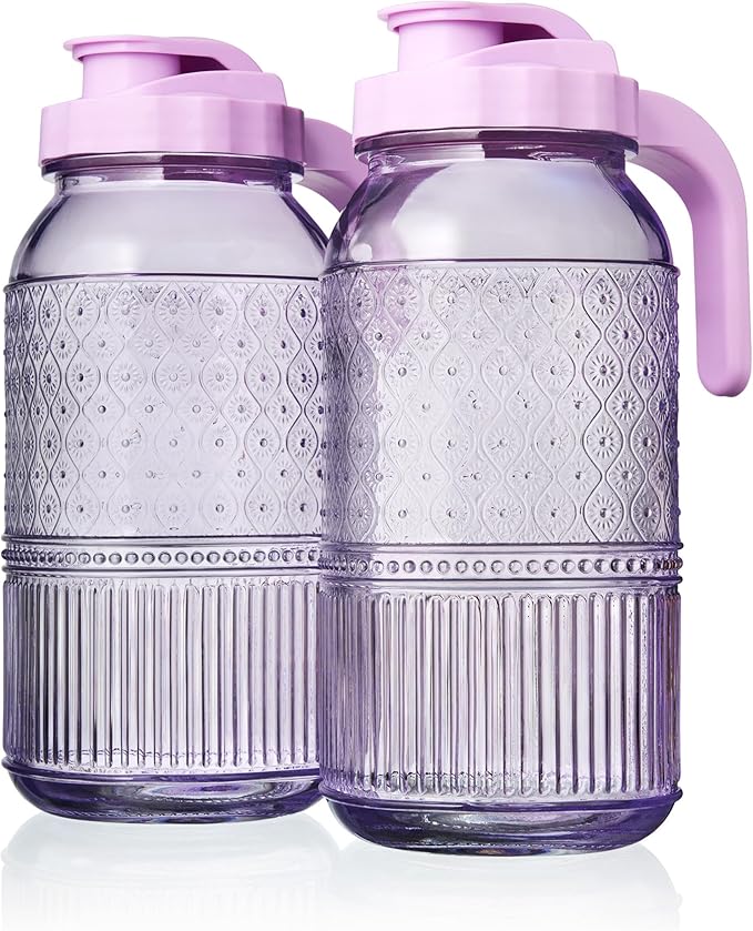 Glass Pitchers Set of 2 – Mason Jar Style Pitcher with Handle & Lid, 64 oz Water Jug for Juice, Iced Tea, Cold Brew, Water, Vintage Claro Collection Kitchen Décor - Lavender