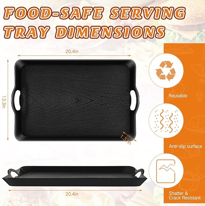 3 Pack Black Serving Tray with Handles 20.5"x13.4" Large Plastic Rectangular Ottoman Multi Purpose Kitchen Food Tray for Coffee Table, Restaurant, Parties