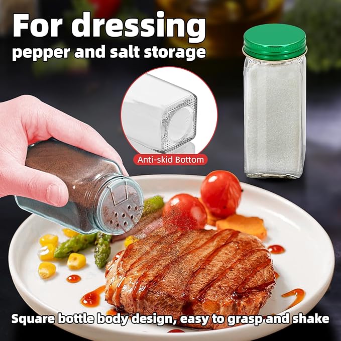 2Pcs 4oz Glass Spice Jars with Shaker Lids, Spice Jars Trial Set & Supplement Set, Empty Spice Containers and Square Spice Bottles for Kitchen (Green iron Lids)