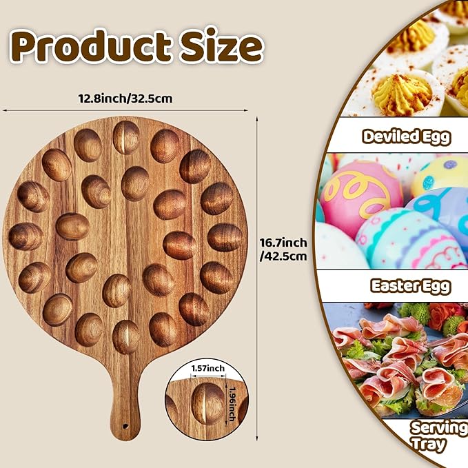 Deviled Egg Platter,Wooden Deviled Egg Tray,Reversible 24 Holes Round Egg Holder Container Charcuterie Board for Kitchen Countertops,Serving Tray(Acacia Wood)