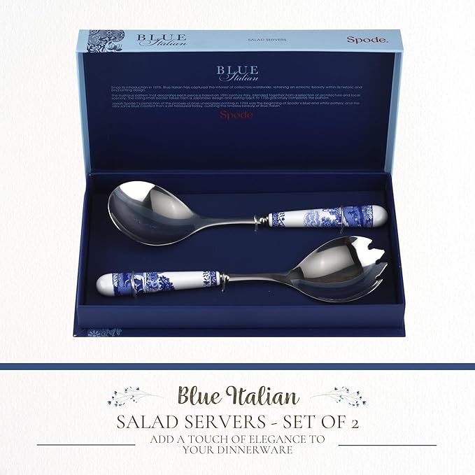 Spode Blue Italian Collection Salad Servers | 2 Piece Spoon and Fork Set | 10 Inch | Blue and White | Made of Porcelain and Stainless Steel | Italian Countryside Design