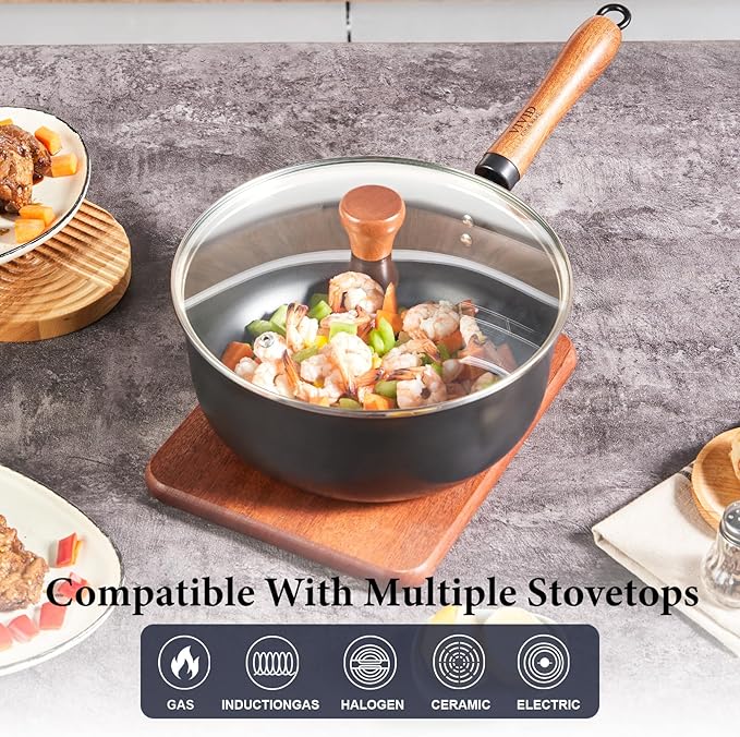 Carbon Steel Wok Pan 9.8", 4QT Deep Wok with Lid, Flat Bottom Wok Pan with Wooden Handle for Stir Fry, Soup, Braising & Noodles, Uncoated Carbon Steel Pan for Gas, Electric & Induction