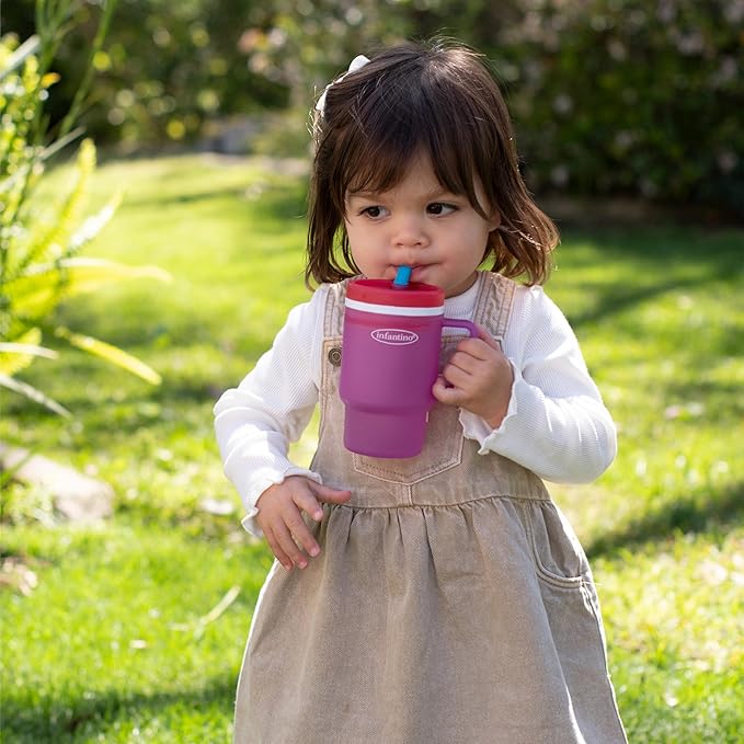 Infantino My 1st Tumbler, Durable Plastic Sippy Cup with Straw & Handle, Spill-Resistant, for On-The-Go, BPA-Free Transition Baby Cup, Raspberry Cream