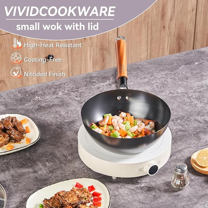 Carbon Steel Wok Pan with Lid, 9.8 Inch Deep Flat Bottom Wok, Coating-Free Carbon Steel Pan for Stir Fry, Soup, Noodles, Braising & Boiling, Small Induction Wok with Wooden Handle