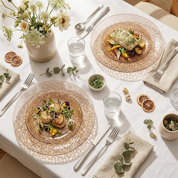 Rubtlamp 60Pcs Plastic Plates, Clear Brown Disposable Plates, Hammered Heavy Duty Plastic Platos, Fancy Disposable Platos Include 30 Coffee Dinner Plate, 30 Amber Salad Plate For Party