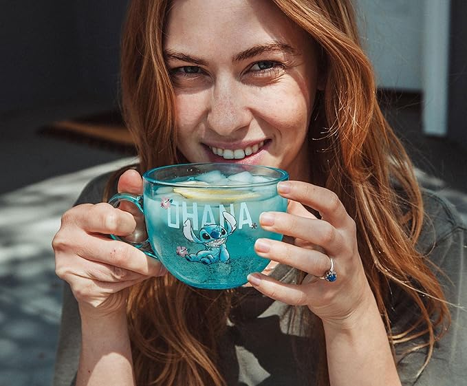 Disney Lilo & Stitch Ohana Glass Coffee Mug | Tropical Large Coffee Cup For Espresso, Caffeine, Beverages, Home & Kitchen Essentials | Cute Gifts and Collectibles | Holds 16 Ounces