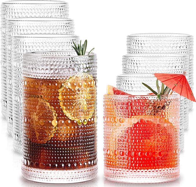 Hobnail Drinking Glasses Set of 8, 4pcs 15oz Highball Glasses & 4pcs 12oz Clear Glass Cups,Kitchen Bar Vintage Embossed Glassware Sets for Whiskey,Cocktail,mocktails,Wine, Water & Juice Drinkware