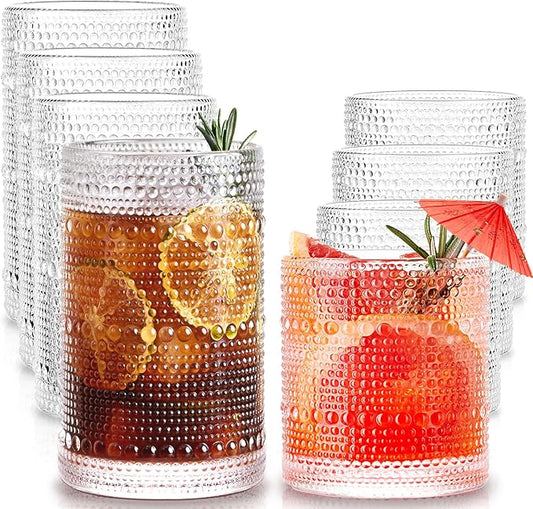Hobnail Drinking Glasses Set of 8, 4pcs 15oz Highball Glasses & 4pcs 12oz Clear Glass Cups,Kitchen Bar Vintage Embossed Glassware Sets for Whiskey,Cocktail,mocktails,Wine, Water & Juice Drinkware