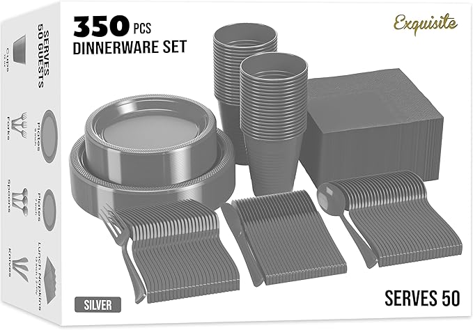 350 Pcs Silver Plastic Plates For Party, Silver Disposable Plates Set, 50 Of Each 9" Dinner Plate Set, 7" Dessert Plate, Cups, Napkins & Cutlery Plastic Dinnerware Set Exquisite