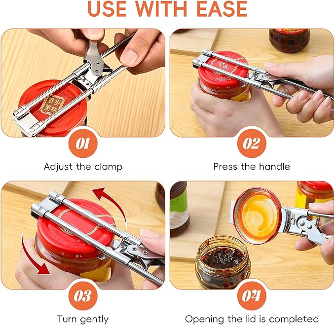 2 Pack Adjustable Stainless Steel Jar Opener for Seniors with Arthritis, Manual Lid Remover with Non-Slip Clamp, Easy Grip Bottle Opener Gadget for 0.8" to 4" Weak Hands
