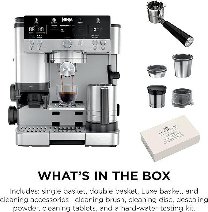 Ninja Luxe Café Premier 3-in-1 Espresso Machine, Drip Coffee, & Rapid Cold Brew | Built-in Coffee Grinder, Hands-Free Milk Frother, Assisted Tamper for Cappuccinos & Lattes | Stainless Steel | ES601