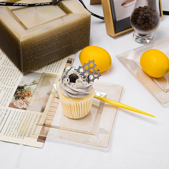 N9R 70 PCS Gold Glitter Plastic Plates, 6.5 Inch Gold Dessert Plates Disposable, Premiun Appetizer Square Plate for Party, Wedding and Birthday
