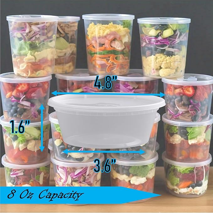 Mr Miracle 8OZ Deli Containers with Lids - 15 Pack of 8 oz Clear Airtight Reusable Plastic Food and Multi-Purpose Deli Containers - Microwave, Freezer, and Dishwasher Safe