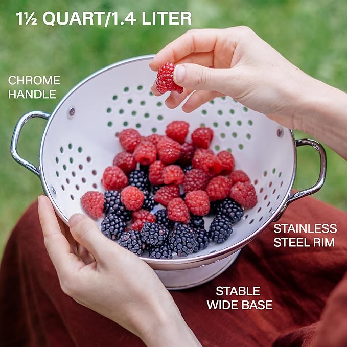 Reston Lloyd, 1.5 Quart Powder Coated Steel Kitchen Strainer Basket for draining Pasta, Vegetable and Fruit, Chrome Handles and Wide Stable Base, Lemon
