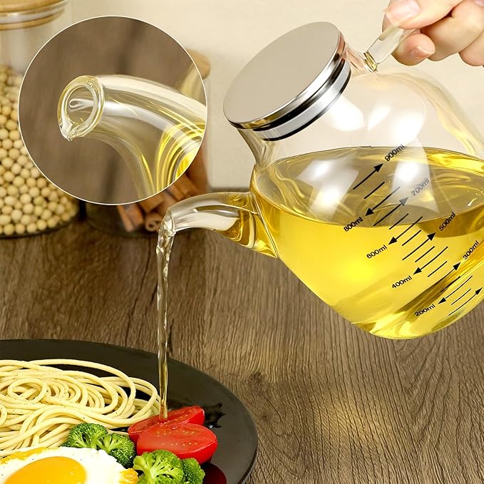 QWORK 900ML/30Oz Large Glass Cooking Oil Bottle with Stainless Steel Lid, Oil & Vinegar Dispenser Bottle, Kitchen No Drip Liquid Container