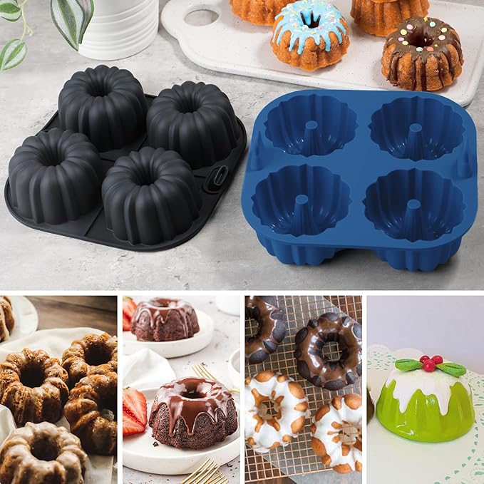 Webake Silicone Air Fryer Fluted Cake Pan for Baking, Nonstick BPA Free Fluted Tube Cake Pans, 4-Cavity, Set of 2