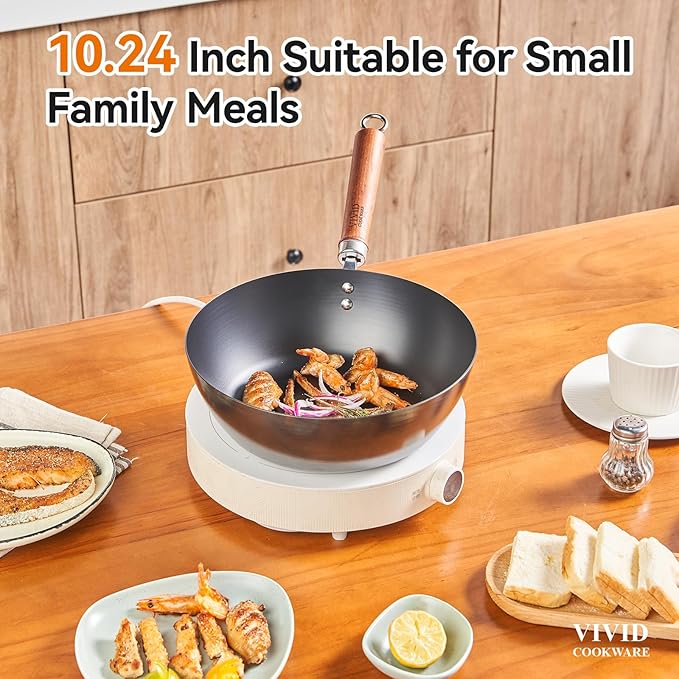 Carbon Steel Wok Flat Bottom Wok Pan 10.2 Inch with Glass Lid, Spun Iron Stir Fry Wok, Coating-Free Iron Wok Skillet Naturally Seasoning, 6.2" Base for Stable Cooking