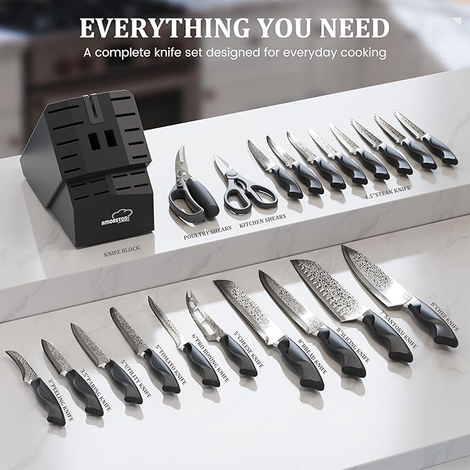 Amorston 22 Pieces Knife Set, Laser Engraved High Carbon Stainless Steel Knife Block Set, Full Tang Professional Kitchen Knife Set with Built-in Sharpener