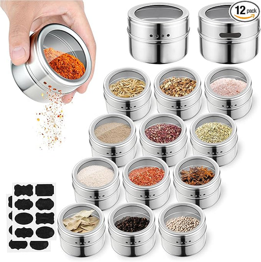 12pcs Stainless Steel Spice Jars, Magnetic Condiment Tins Magnetic Spice Jar With Clear Lid And Holes Sift&Pour - Easy To Clean