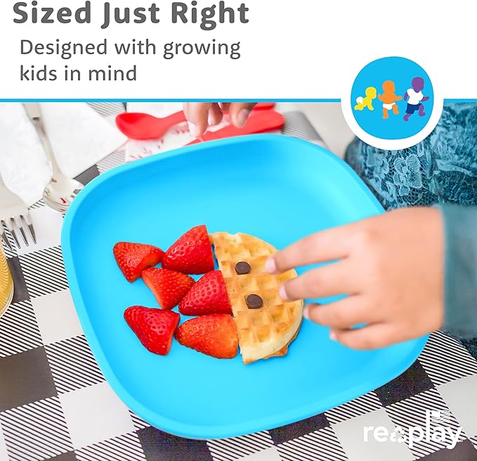 Re-Play Toddler Plates - 22 Oz. Deep-Walled Flat Kids Plates - Dishwasher & Microwave Safe - Made in USA - Set of 3-7.37" x 7.37" x 1.25" - Modern Blue