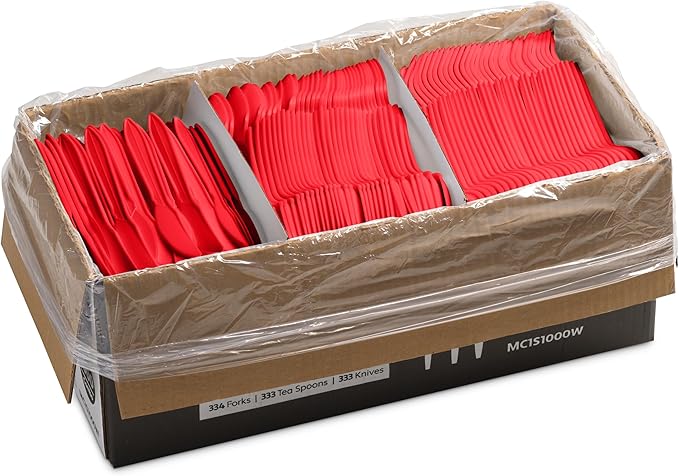 1000 Count Red Silverware Set, 334 Forks, 333 Spoons, 333 Knives, Medium Weight BPA Free Disposable Plastic Cutlery Set, Bulk Combo Pack Flatware Set for Party Supplies