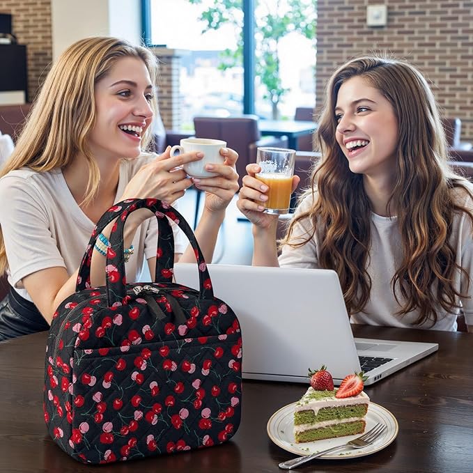 Quilted Lunch Box for Women,Coquette Aesthetic Lunch Box for Teen Girls,Cute Cherry Lunch Bags for Work, School,Office,Picnic,Travel (Blue Cherry)