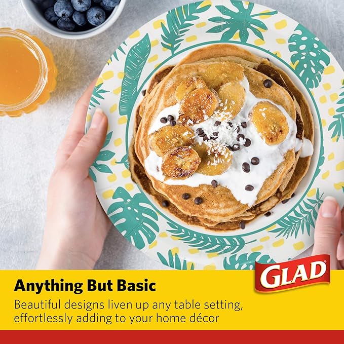 Glad Round Decorative Disposable Paper Plates, Palm Leaves Pattern, Soak Proof, Cut Resistant, Microwave Safe Dinner Plates for Everyday Meals, Parties, and Picnics, 10 Inch, 50 Count