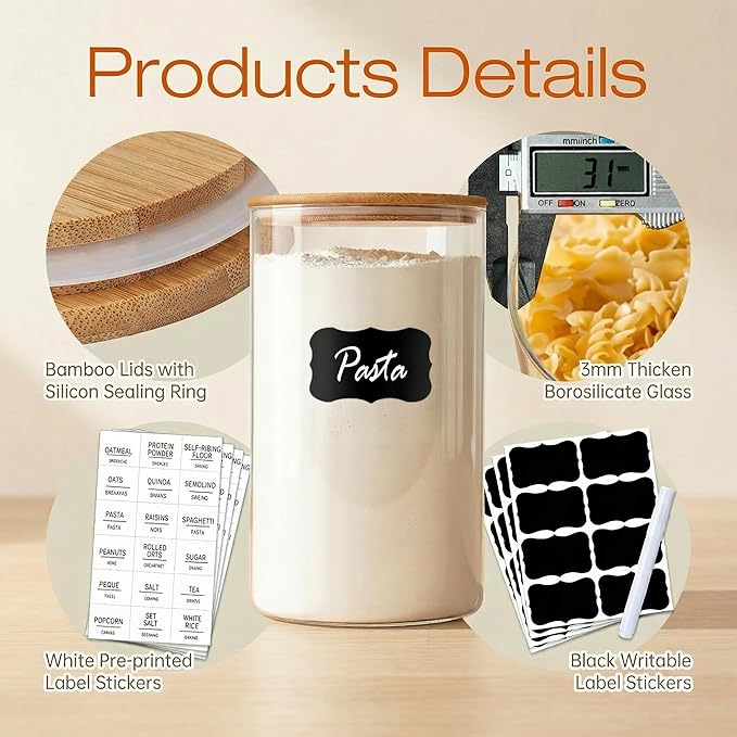 Glass Jars with Bamboo Lids [Muti Size Set of 5], Glass Canisters with Airtight Lids, Glass Food Storage Containers for Pasta, Oats, Coffee, Flour, Sugar, Rice, Best for Kitchen & Pantry