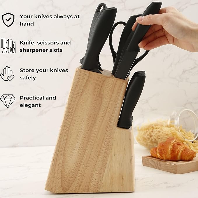 Kitchen knife holder elegant & sturdy (15 slots). Universal knife block with slots for knives, scissor and sharpenner. Knife Block without Knives. Kitchen knife holders for counter top. (Pine)