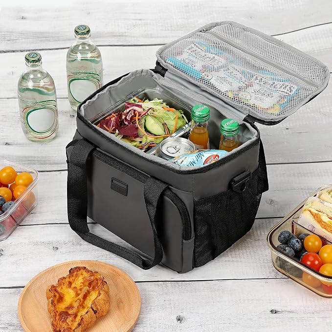 ZEEMO Insulated Lunch Bag for Men Women, Cooler with Adjustable Shoulder Strap, Leakproof Box for Work, Picnic, Medium Size, Grey