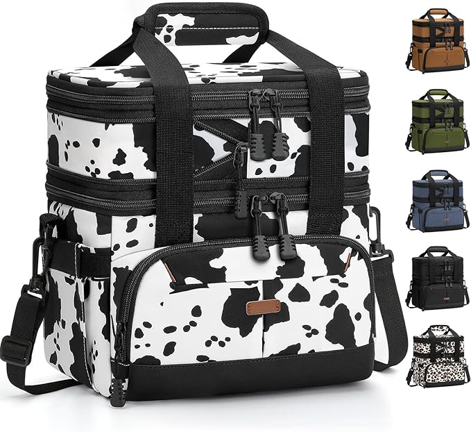 Lunch Box For Men Women Double Deck Insulated Lunch Bag For Men Woman Leakproof Expandable Cooler Bag with Adjustable Shoulder Strap for Kids Shool Work Picnic Camping(Cow Print,Large)