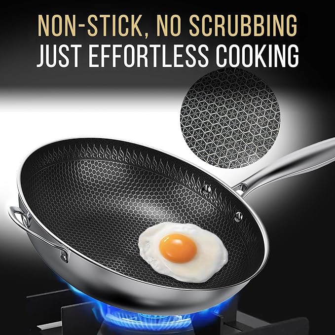 Woks & Stir-Fry Pans Nonstick, 12.5" Stainless Steel Wok with Lid | Tri-Ply Honeycomb Hybrid Stir Fry Wok Pan | Induction & Oven Safe | Dishwasher Safe