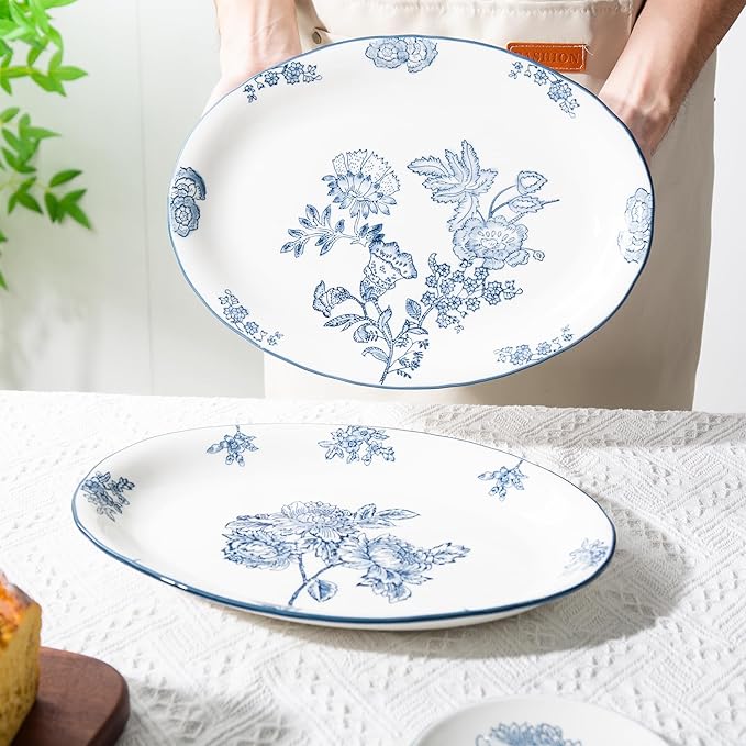 Ceramic Serving Platter, 13.7 Inch Large Oval Serving Trays, Dinner Plates, Dish Set for Dessert Appetizers Meat/Entertaining/Party, Blue and White, Set of 2