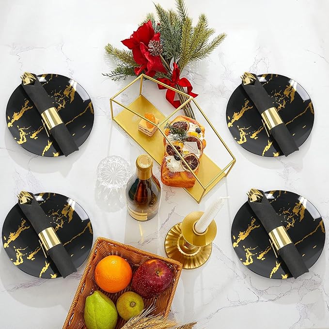 75 Pack Pre Rolled Gold Plastic Silverware Set,Wrapped Plastic Cutlery Set with Napkin Include 75 Forks,75 Spoons,75 Knives and 75 Black Napkins for Party, Wedding,Birthday,Christmas