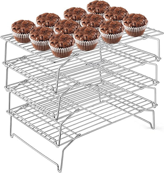 E-far 4-Tier Cooling Rack, 15”x10.1" Stainless Steel Stackable Wire Cooling Rack for Baking Cooking Cookies, Folding Leg & Non-toxic, Oven Safe & Dishwasher Safe